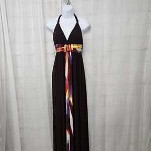 Oleg Cassini Dress Babydoll Halter Maxi Y2K Sleeveless Retro Brown 6